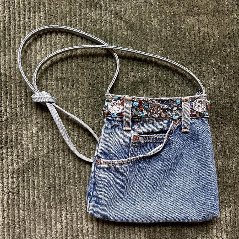 Handmade Upcycled Denim Purse — Recycled Jeans with Crystal Embellishments